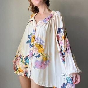 Free People Floral Blouse - Cream, Yellow, Pink, Blue size XS